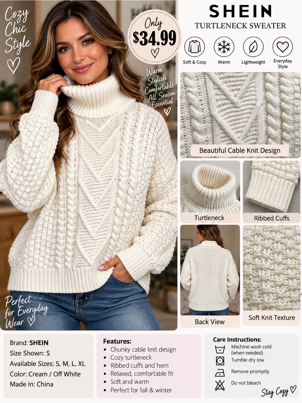 SHEIN Cream Cable Knit Turtleneck Sweater